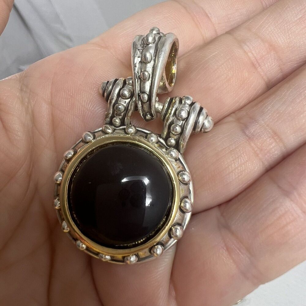 Vintage Signed Best Pendant Silver And Gold Tone Round Beaded Plated Faux Onyx